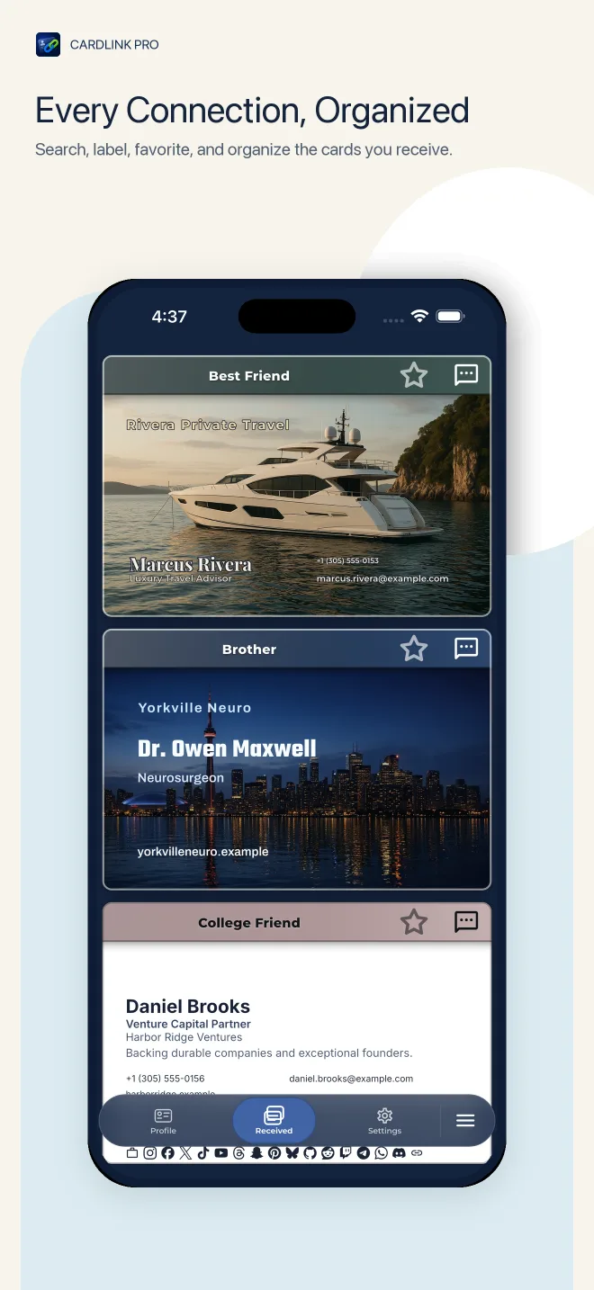 Organized received cards in CardLink Pro