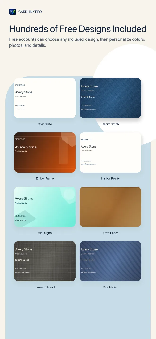 Professional card designs available in CardLink Pro
